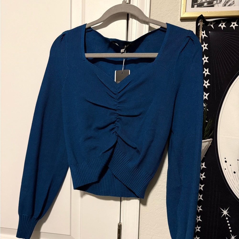 Elegant Blue Ruched Women's Blouse